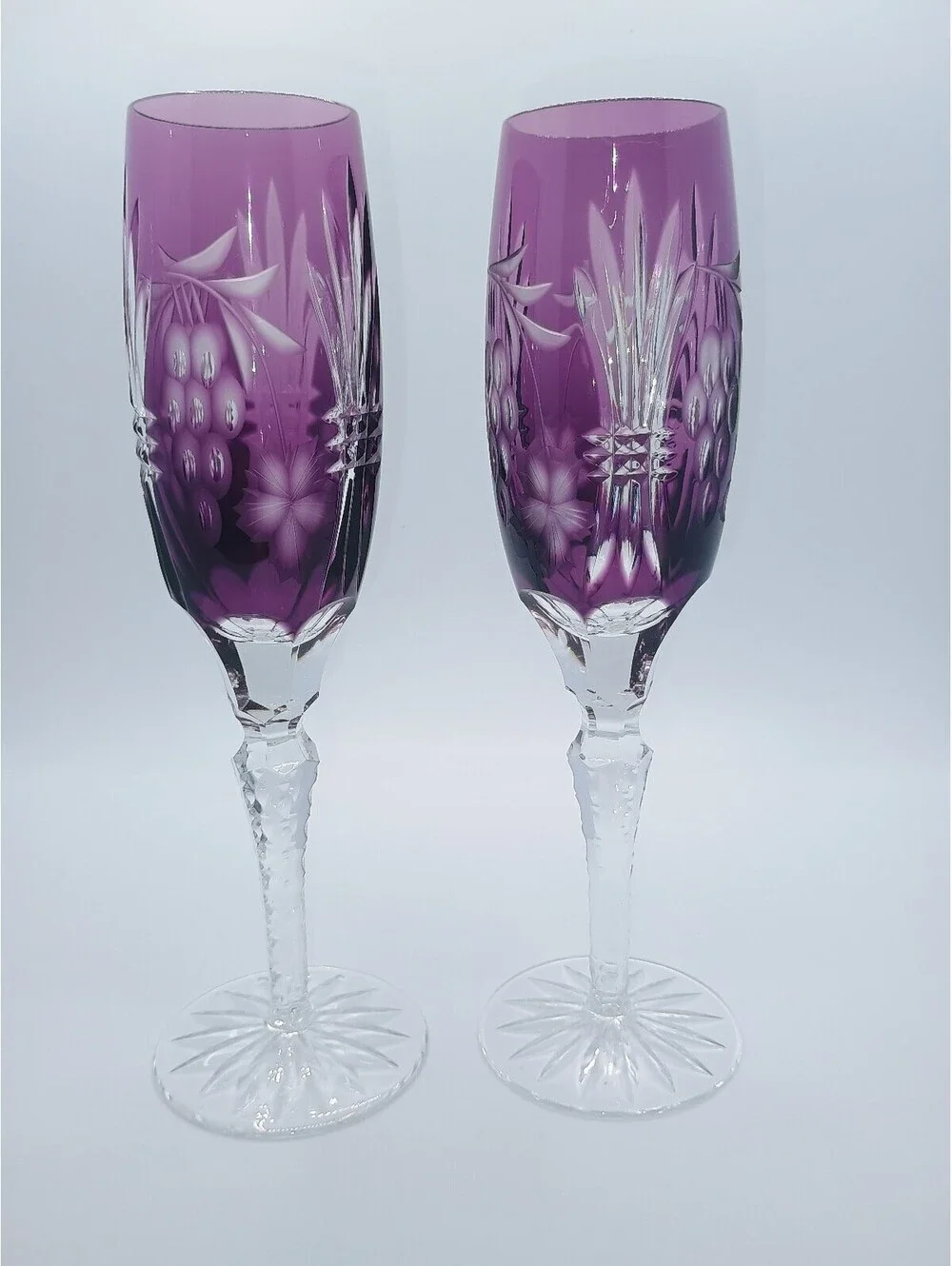 Ajka Marsala cut-to-clear amethyst crystal champagne flutes 8-1/2inches Tall